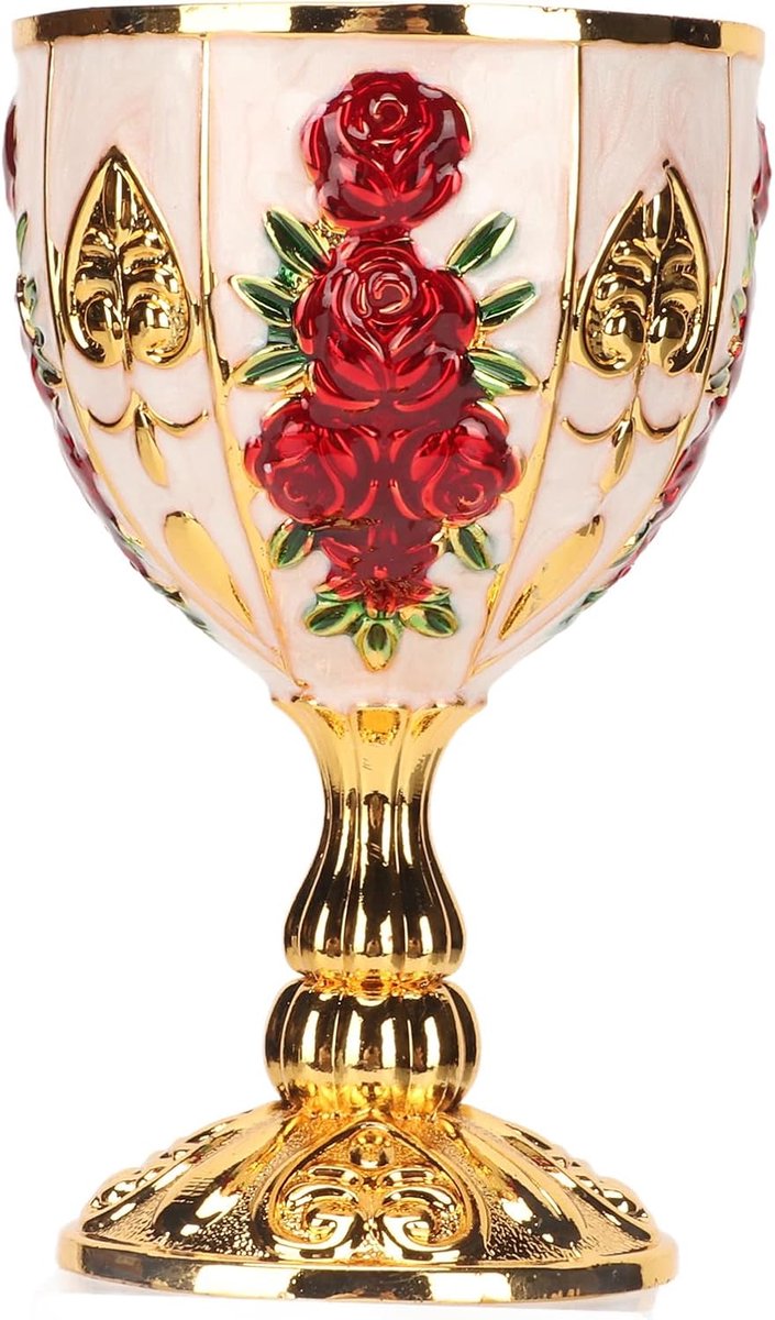 4 Inch Hoge Zinklegering Retro Gegraveerd Bloemmotief Elegante Beker - Europese Hoge Kwaliteit Gouden Goblet - Vintage Wijnbeker voor Pub Cadeaus - Rode Bloem Op Goud En Wit