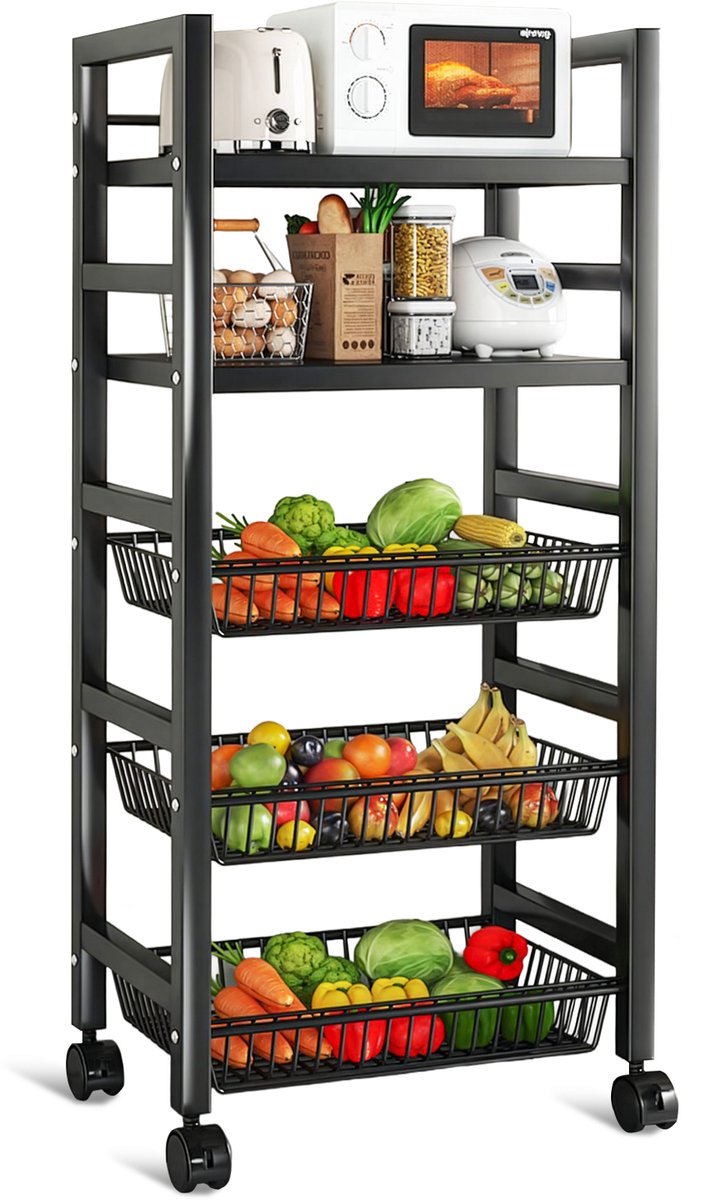 Velox Goods VL-518 Keukenplanken – Stevig Opbergrek met 5 Lagen – Verrijdbaar Metalen Keukenrek met Gaasmanden – Geschikt voor Magnetron, Fruit, Groente & Keukenapparatuur – Zwart – 58x36x127 cm