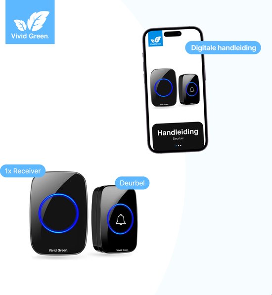 Sonnette sans fil - Sonnette - Sans fil avec récepteur - Sonnette - Sonnette sans fil - Sonnettes - IP44 étanche - Zwart