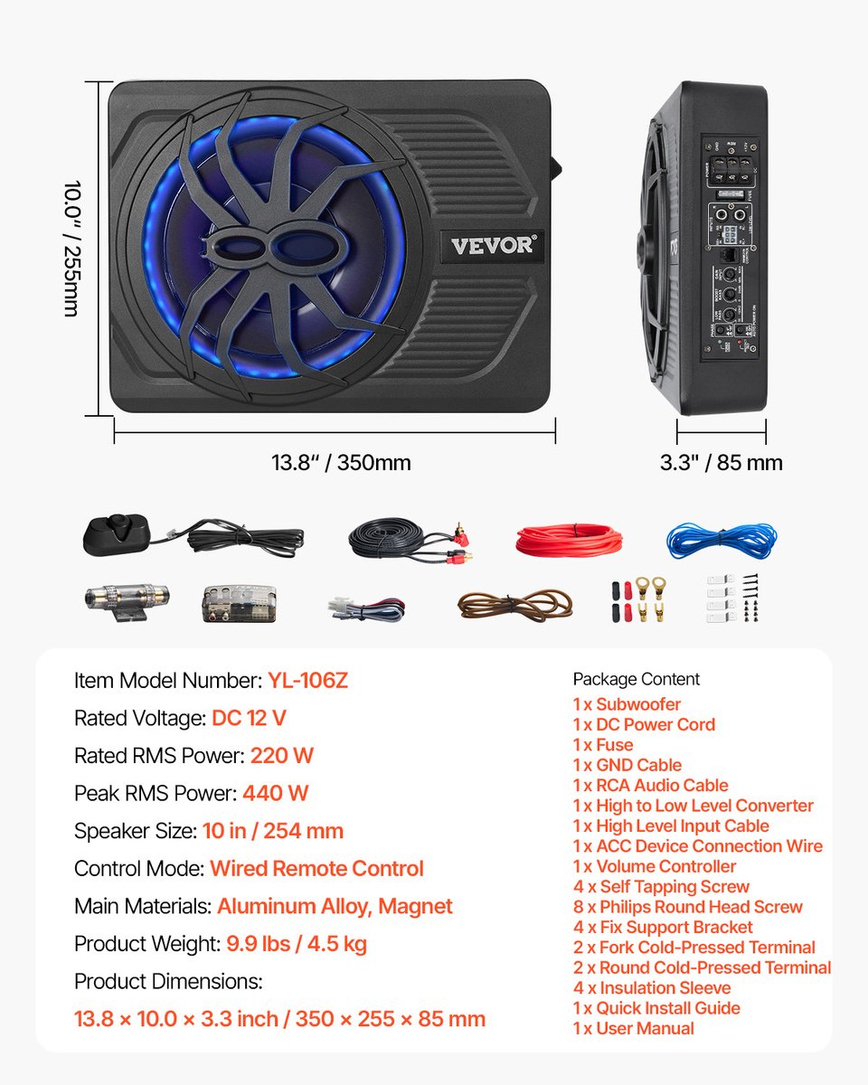 VEVOR Auto-Subwoofer Onder de Stoel 440 W Slank Actief Subwoofersysteem 254mm – foto 7