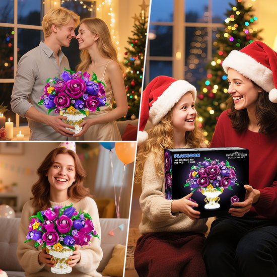 PLAXSOON Paarse Rozen Bouwpakket - 969 Delen Bloemen Boeket met Vaas - 18 Rozen Bonsai Plant Bouwsets - Huisdecoratie Spleegoed voor Kinderen Volwassenen