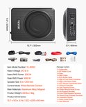 Zwarte VEVOR subwoofer, 322x235x80mm, met diverse audiokabels en installatiemateriaal.