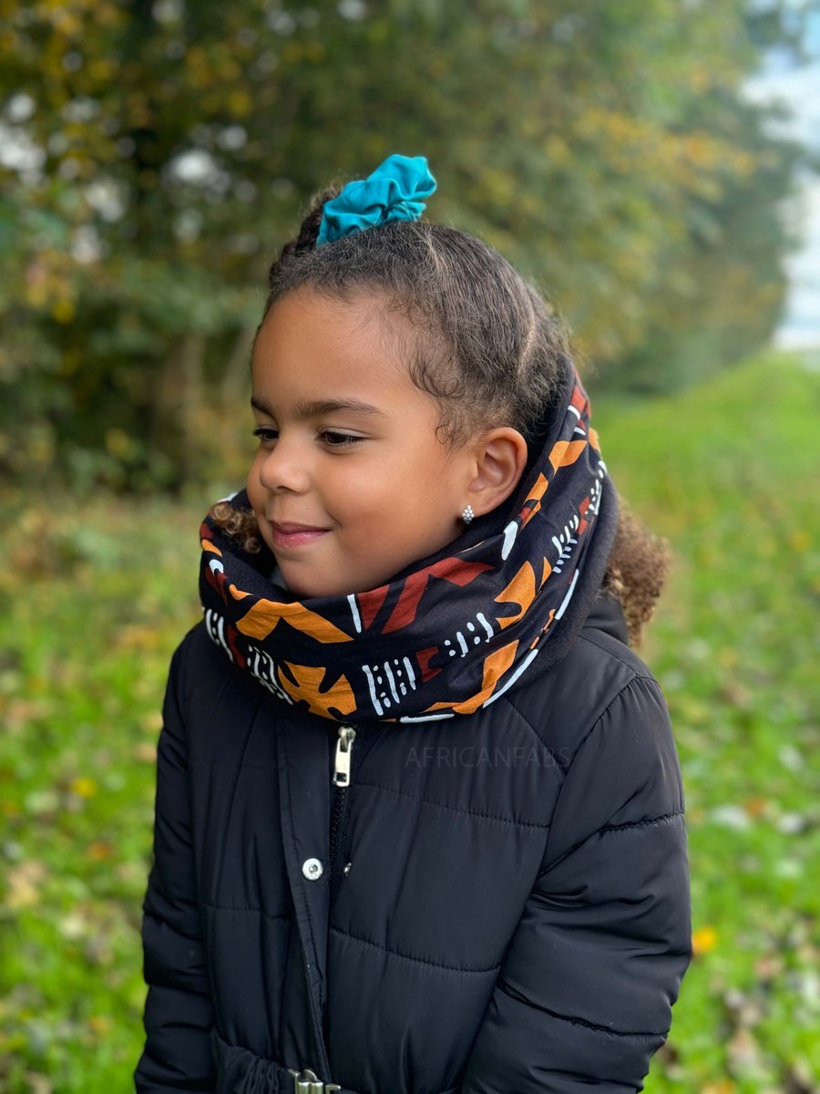 Warme Winter Colsjaal voor Kinderen met Afrikaanse print Unisex - Bruine Bogolan - Winter sjaal / Fleece sjaal / Afrika print