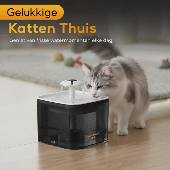 Happy Things - Drinkfontein Hond en Kat - Geruisloos - 2.5 L - Transparant Zwart met Goud - incl 4 Filters