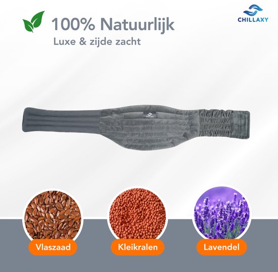 Grijs Chillaxy pittenzak met elastische band, met afbeeldingen van lijnzaad, kleikralen en lavendel.