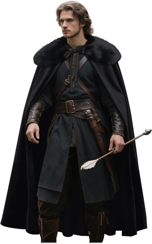 Provento - Luxe Renaissance fluwelen cape met vikingvacht voor heren - Halloween en cosplay - Zwart - Feestkleding