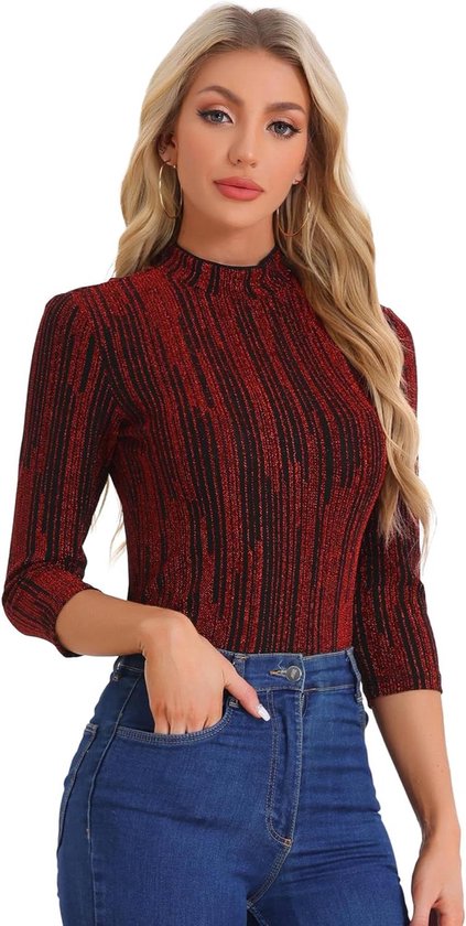 Chemisier à paillettes Eamber pour femme, manches longues, col montant, rayures métalliques rouges, taille M