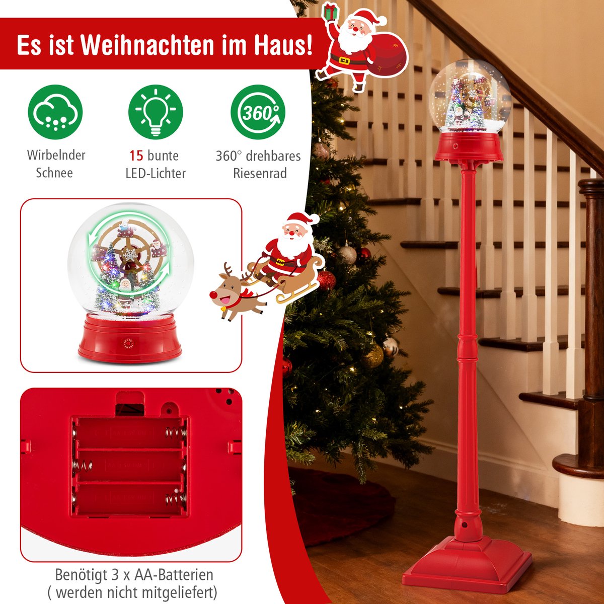 COSTWAY Kerstlantaarn van 153 cm, kerstdecoratie met muziek en 15 gekleurde ledlampen, sneeuwlantaarn met afneembare sneeuwbol, kerstverlichting voor thuis, entree – foto 4