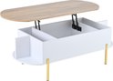 Witte salontafel met houten blad, gouden poten, openklapbaar.