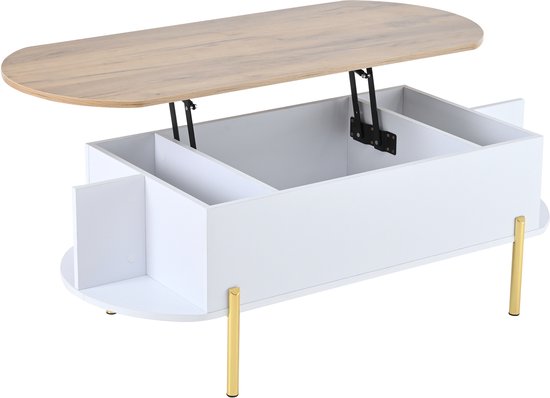 Witte salontafel met houten blad, gouden poten, openklapbaar.