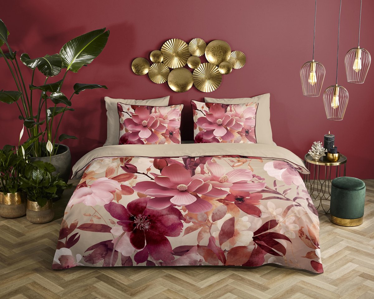 Descanso dekbedovertrek bloemen - 2 persoons 200x200/220 cm - Zand - 100% Katoen satijn