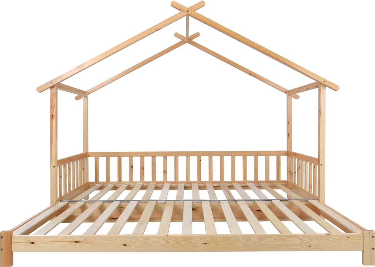 REDOM Uitrekbaar huisbed 200x90/200x180 – massief dennenhout naturel, driezijdige leuning, plaatsbesparend ontwerp