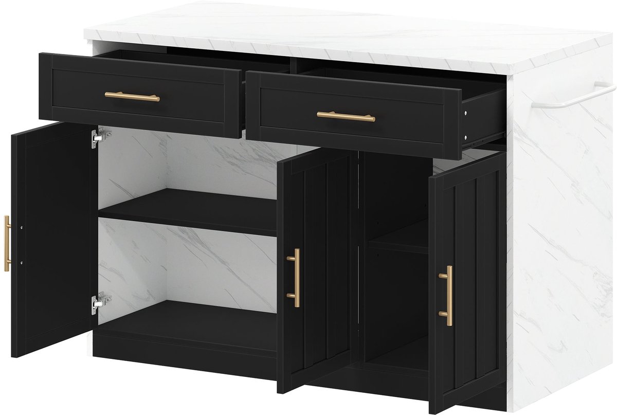 Merax Keukeneiland 120x60x91 cm – Keukenwerkbank met Stopcontacten en USB – Opbergkast met Lades en Deuren – Verstelbare Legplanken – Handdoekhouder – Werkblad in Marmerlook – Zwart Wit