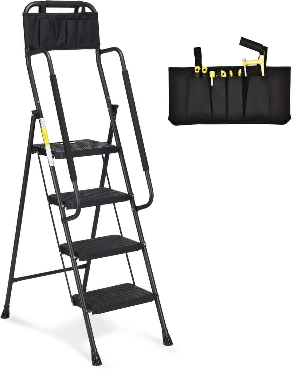 Ladder 4 treden, trapladder met leuningen, opstapje met insteekbare gereedschapstas en breed anti-slip pedaal, lichtgewicht 150 kg draagbare opstapkruk, zwart