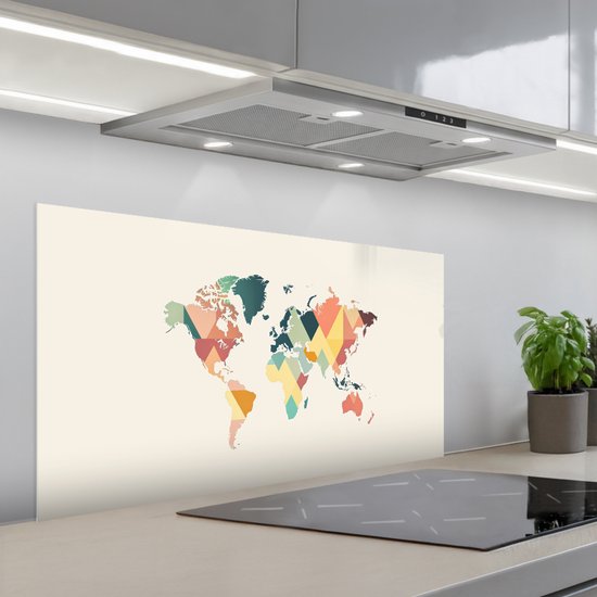 Spatscherm 100x50 cm - Zelfklevende achterwand Wereldkaart - Geometrisch - Pastelkleuren - Modern - Keuken muurbeschermer - Spatwand fornuis
