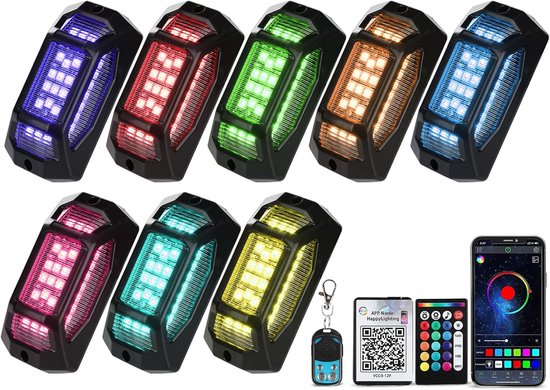 8 sets van rgb-gekleurde rocklights met 5 hoekranden, geschikt voor vrachtwagens en auto's - IP67 waterdichte externe verlichte cover, inclusief kit, music sync app + draadloze afstandsbediening, gemakkelijk te installeren zonder te boren, ideaal voo