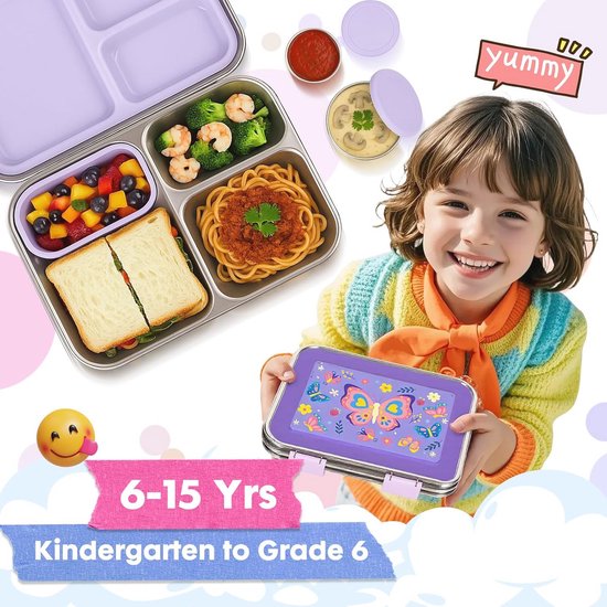 Roestvrijstalen Bento Box Kids 950ml - Lekvrije Broodtrommel met 3 Compartimenten — afbeelding 2