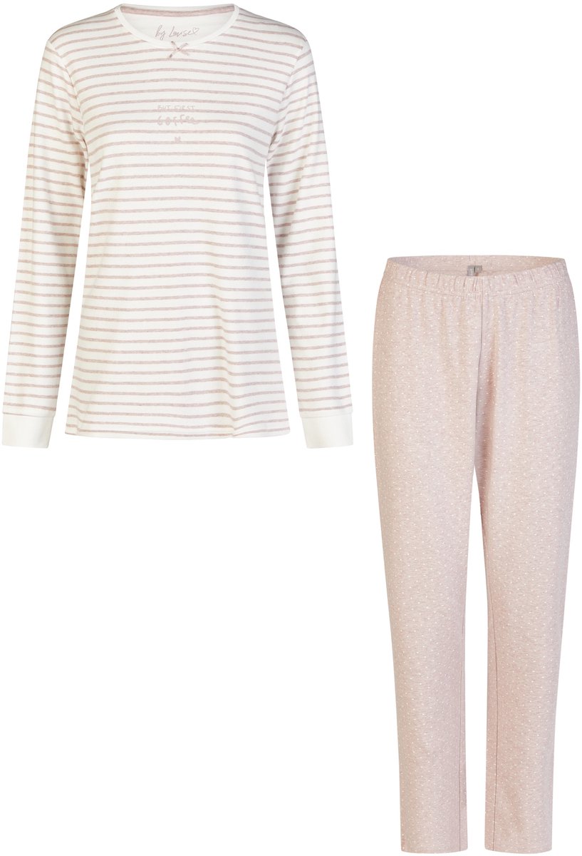 By Louise Dames Pyjama Set Lang Interlock Wit/Roze Gestreept