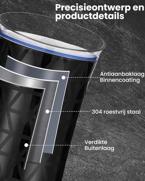 Gedetailleerde doorsnede van de zwarte melkopschuimer met geometrisch patroon, toont anti-aanbaklaag, roestvrij staal en buitenlaag.