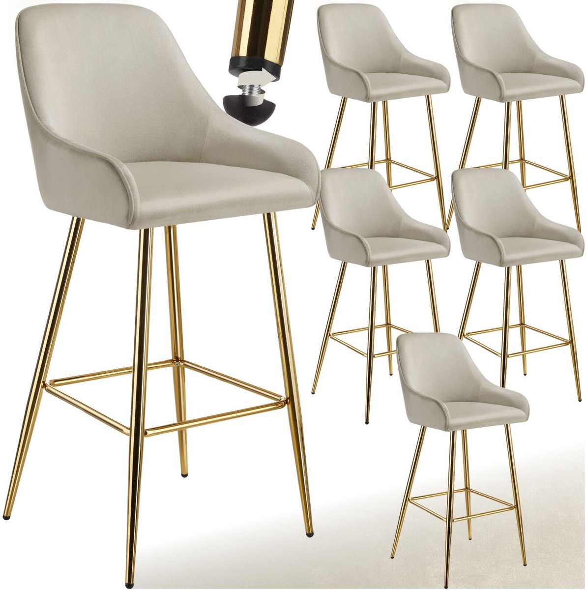 Tectake Set van 6 Barkrukken Avane - Gestoffeerde Barkruk met rugleuning - Barstoelen - Ergonomische Barstoel met voetensteun - Eetkamerstoel met fluweellook bekleding - Stevige stalen poten met antislip vloerbescherming - Crème/Goud