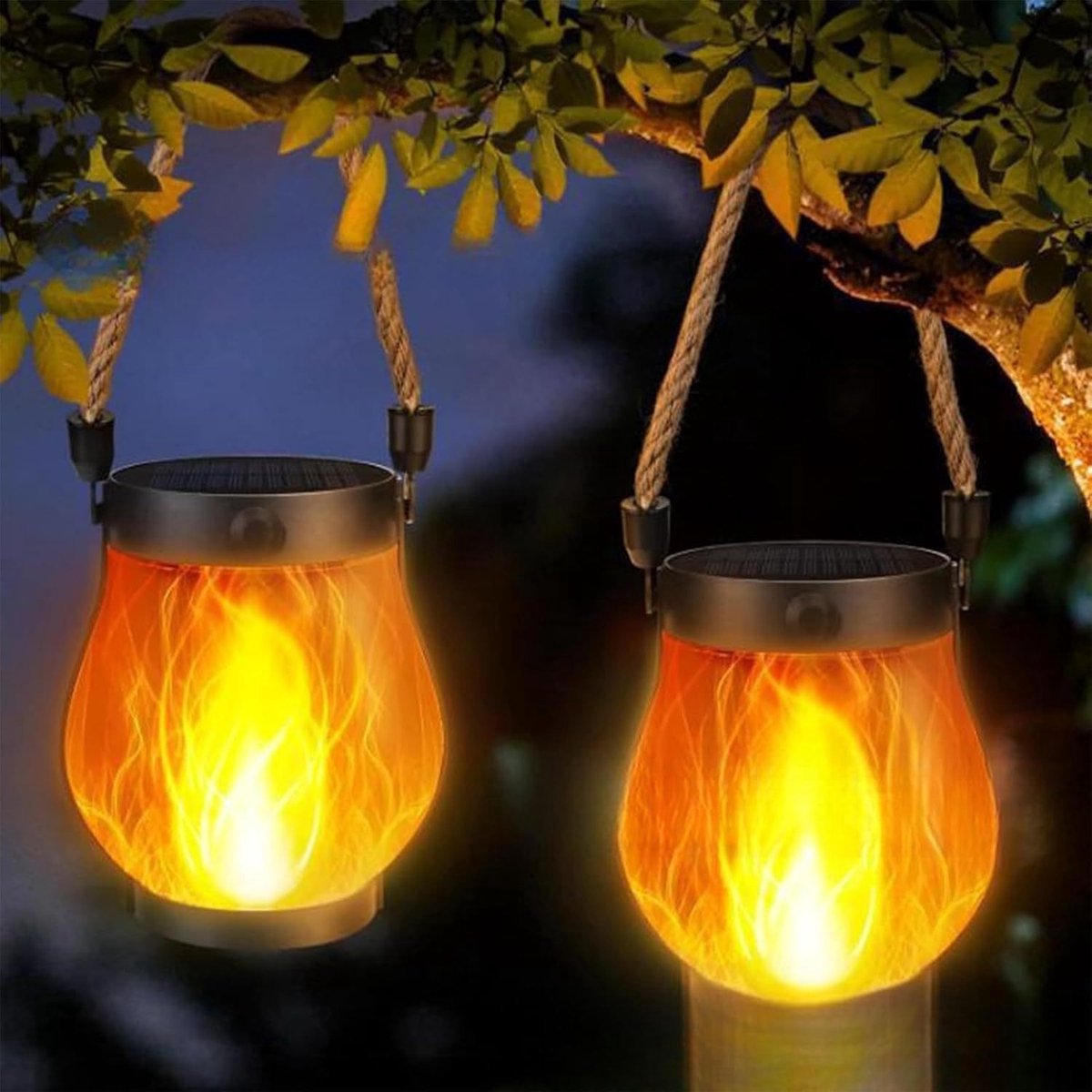 2-delige Solar Lantaarn Buitenverlichting - 12×13cm - Dancing Flame Solar Lantaarn Buitenverlichting - Hennep Touw Vlam Lantaarns - Geschikt voor Camping, Terrassen