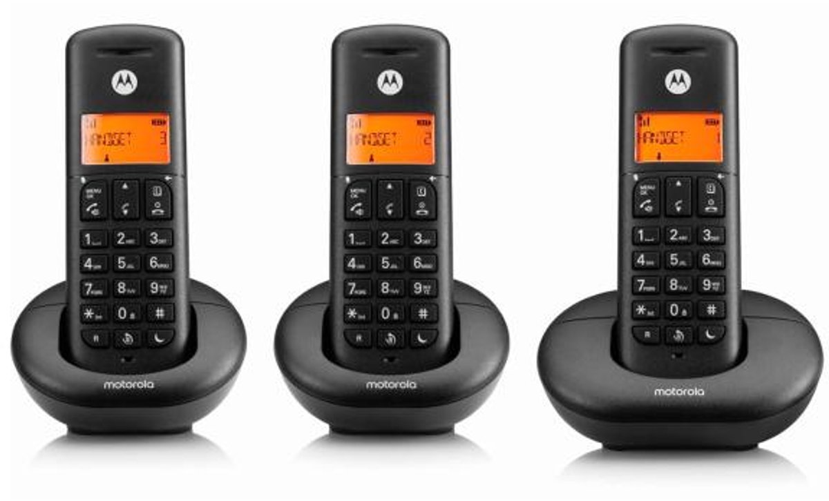 MOTOROLA E203 DECT DRAADLOZE HUISTELEFOON TRIO PACK3 HANDSETS ZWART - HANDSFREE FUNCTIE
