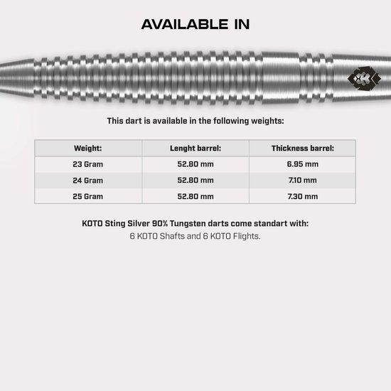 KOTO - Sting Silver Torpedo - 90% Tungsten - Dartpijlen - 22 Gram - Zilver - Steeldarts van KOTO — afbeelding 3