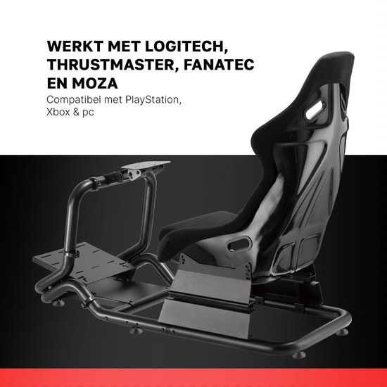 Zwart racesimulator frame met kuipstoel, stuurwiel- en pedaalplateaus. Compatibel met Logitech, Thrustmaster, Fanatec, Moza, PlayStation, Xbox & PC.