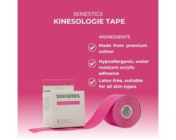 Skinestics Kinesiologie tape – Sport tape – Fysio tape – Kleur Roze – nu 20% langer, 600 cm lang bij 5 cm breed, 170% rekbaar gelijk aan menselijke huid, standaard voorzien van extra sterke lijm, katoen, voor het hele lichaam, medical taping