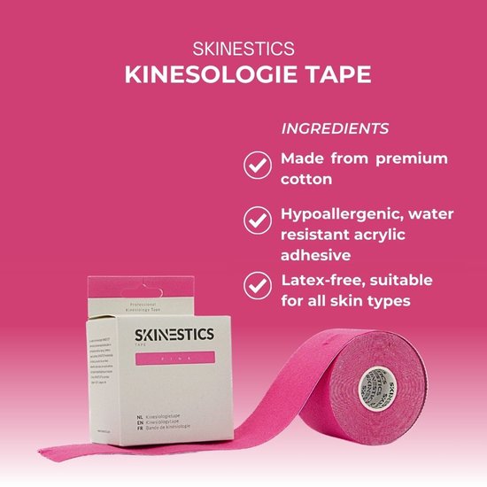 Skinestics Kinesiologie tape – Sport tape – Fysio tape – Kleur Roze – nu 20% langer, 600 cm lang bij 5 cm breed, 170% rekbaar gelijk aan menselijke huid, standaard voorzien van extra sterke lijm, katoen, voor het hele lichaam, medical taping
