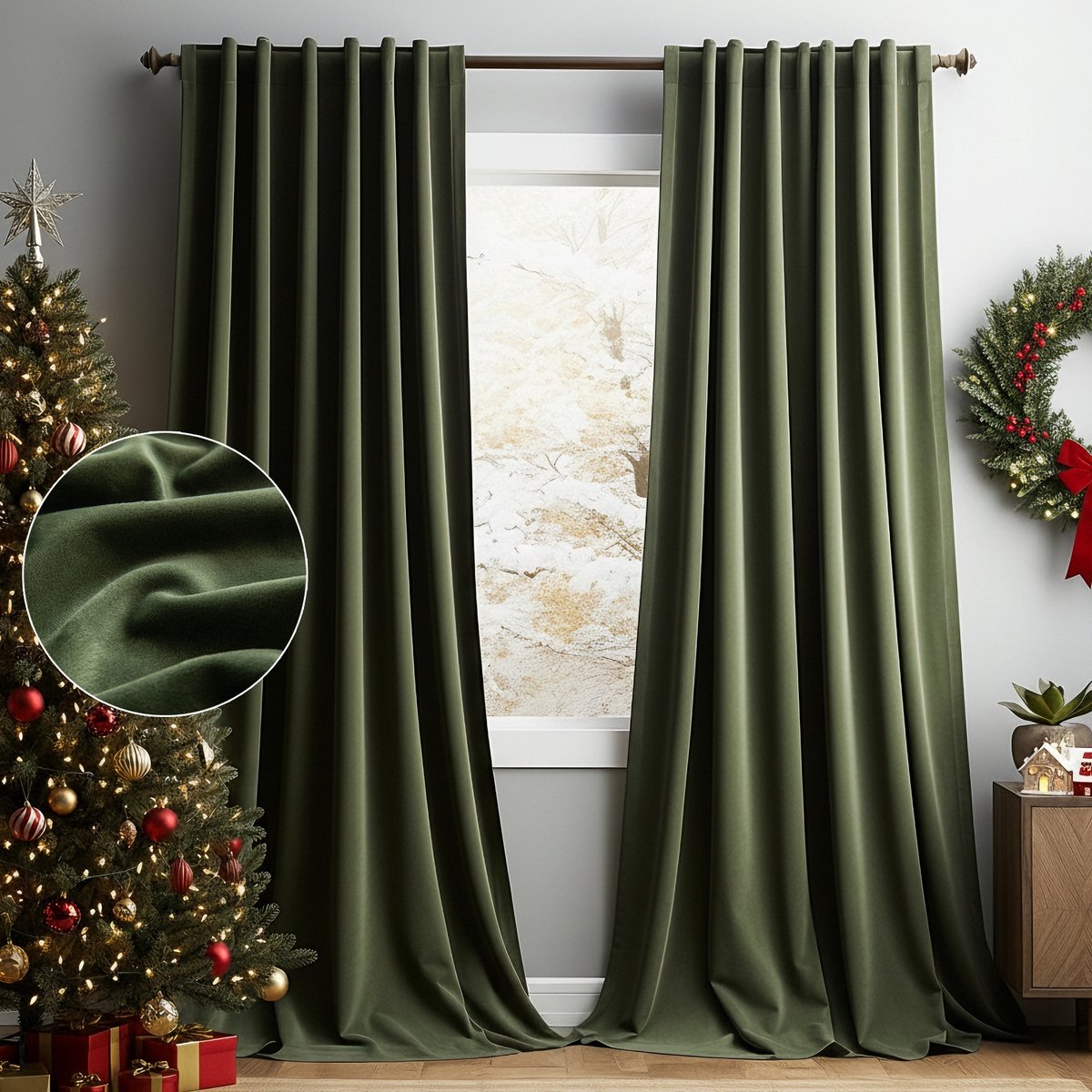 MUPOO Set van 2 Verduisterend Gordijnen - Koude Bescherming - Isolerende - Hoge kwaliteit Fluweel - voor Kerst - Winter - Feest - Slaapkamer - Woonkamer - 132x244cm (b x h) - Olijfgroen