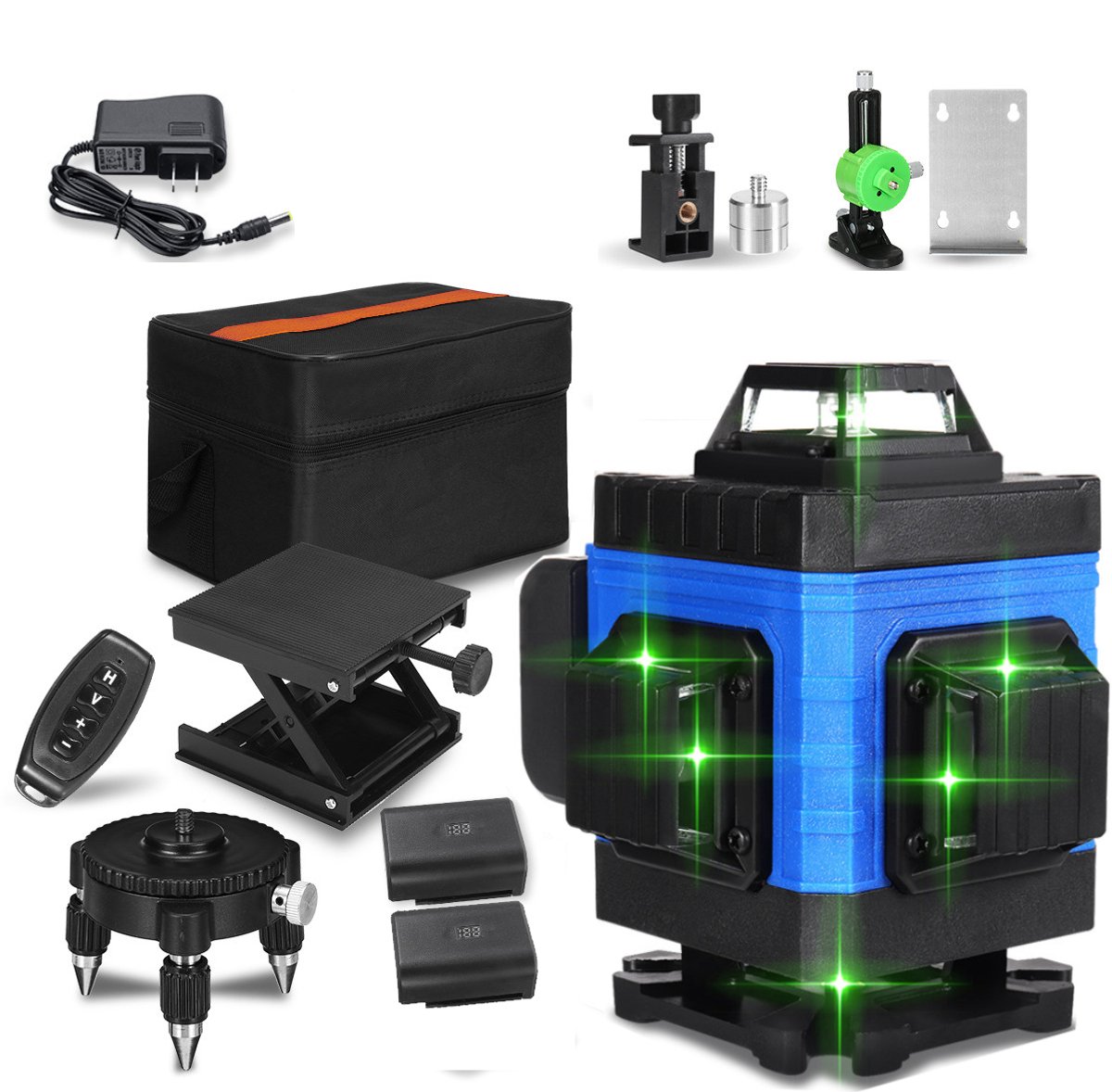 4D 16-Lijn Groen Laserwaterpas – 2 Accu’s – ±0,2mm/1m – Buitengebruik – IP54 + Statief + Afstandsbediening + Koffer