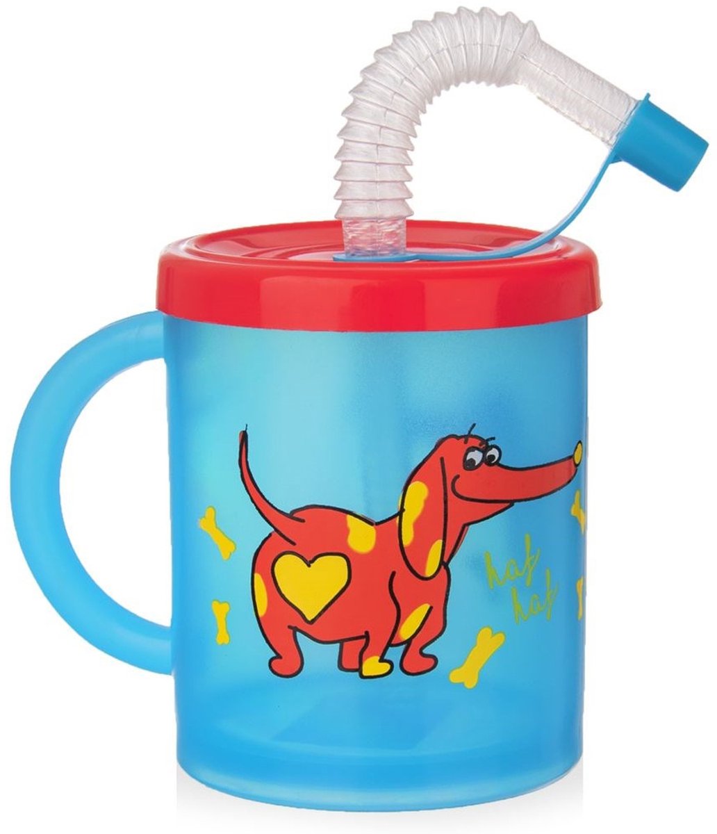 Orion - Kinderenbeker met Rietje - 260 ml - Blauw - Hondenmotief