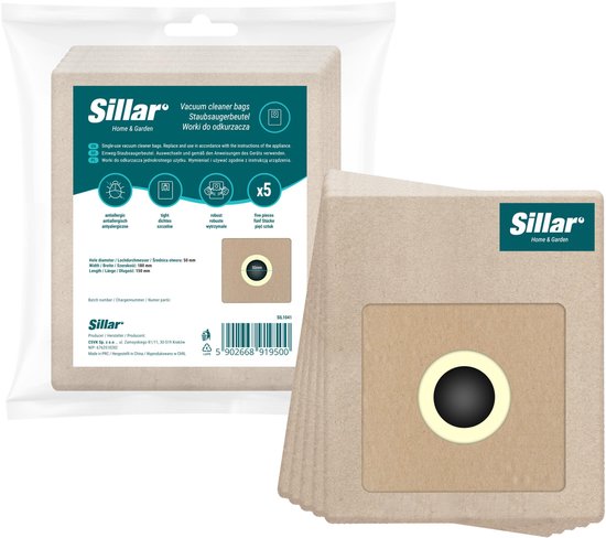 Sillar stofzuigerzakken - papier - met afdichting - biologisch afbreekbaar - vervanging voor traditionele stofzuigers - Zelmer, Amica, Beko, Hoover, Philips, MPM - 18 x 15 cm - 5 stuks
