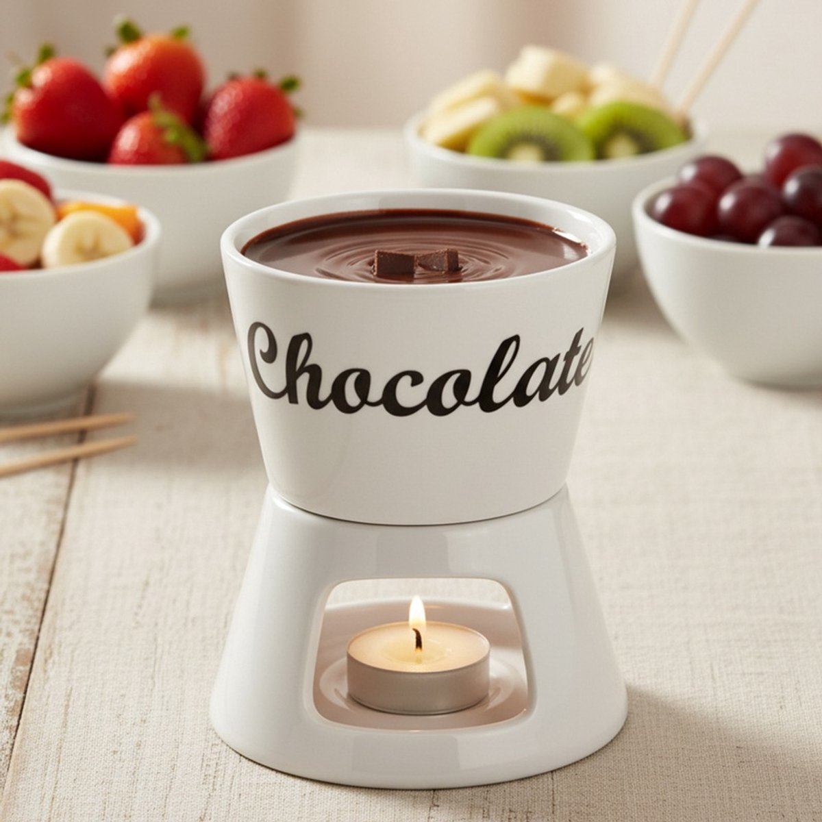 Excellent Houseware Chocoladefondue - 12,5 x 15,5 cm - wit - met vorken - porselein - moederdag - cadeau – foto 2