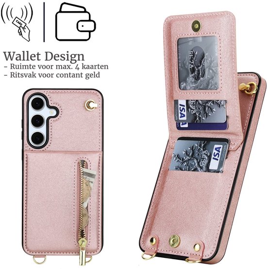 Geschikt voor Samsung Galaxy S25 FE Hoesje Met Koord - Solidenz S25 FE Wallet Case Cover - Telefoonhoes - Backcover Met Koordje - Cord Case - Lanyard - Hoesje S25 FE - Roségoud