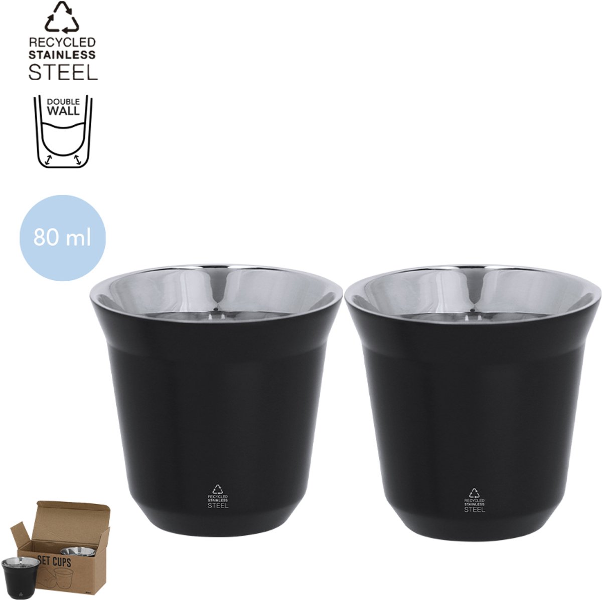 Set van 2 gerecycled RVS zwarte bekers 80 ml - geschikt voor laser techniek model Kodet