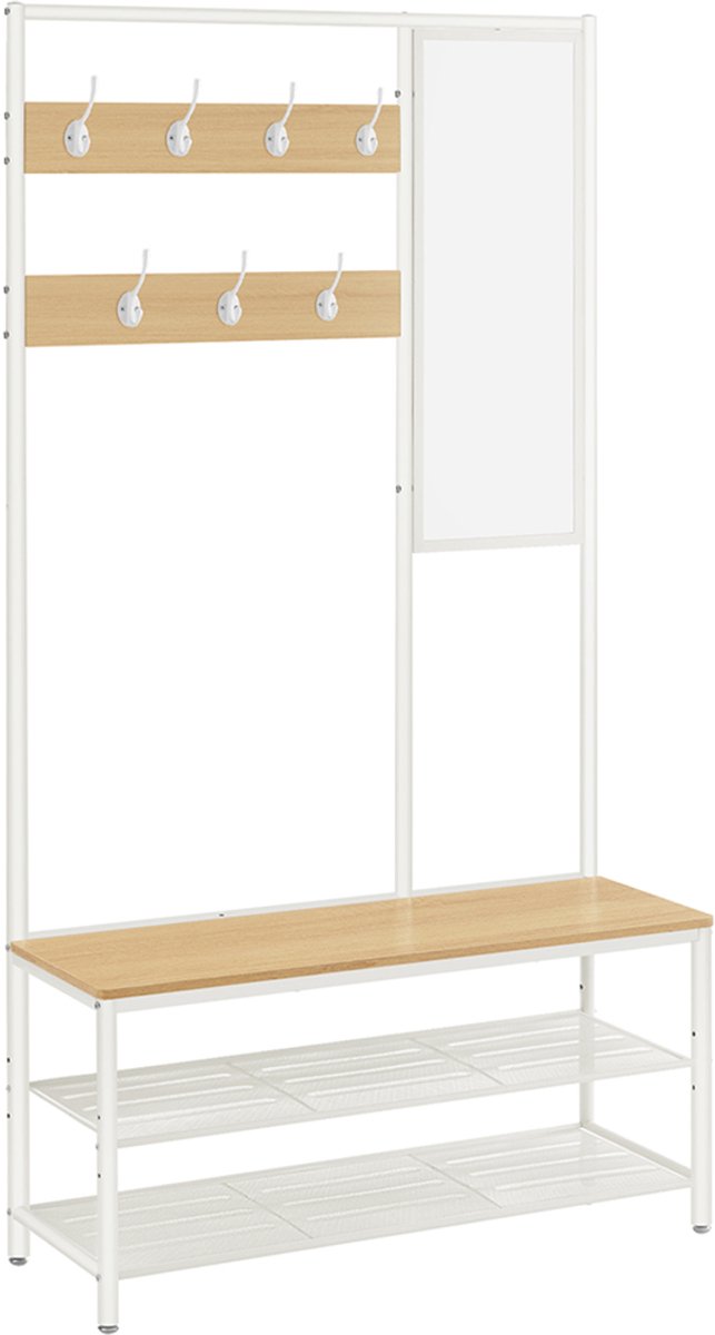 MAZAZU Kapstok met Schoenenrek & Bank – Inclusief Spiegel en Haken – Halmeubel Modern – 98 cm Breed – Eiken/Wit