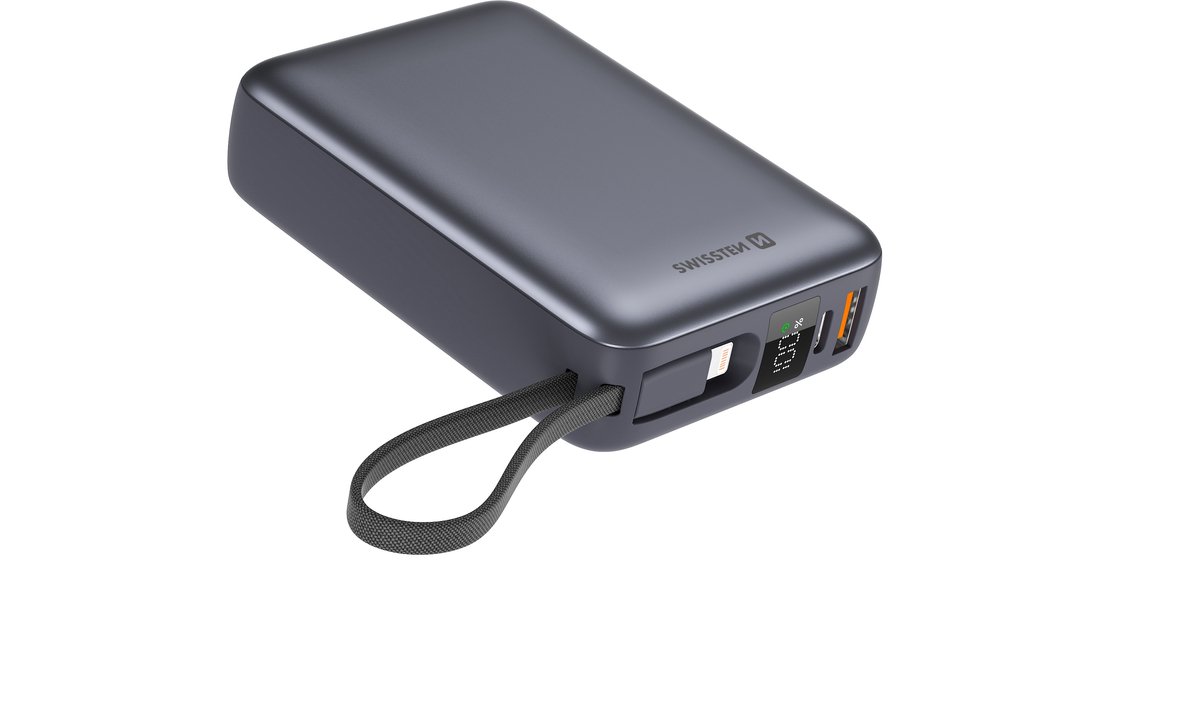 Swissten Powerbank Space 20.000mAh - Ingebouwde kabels - Zilver