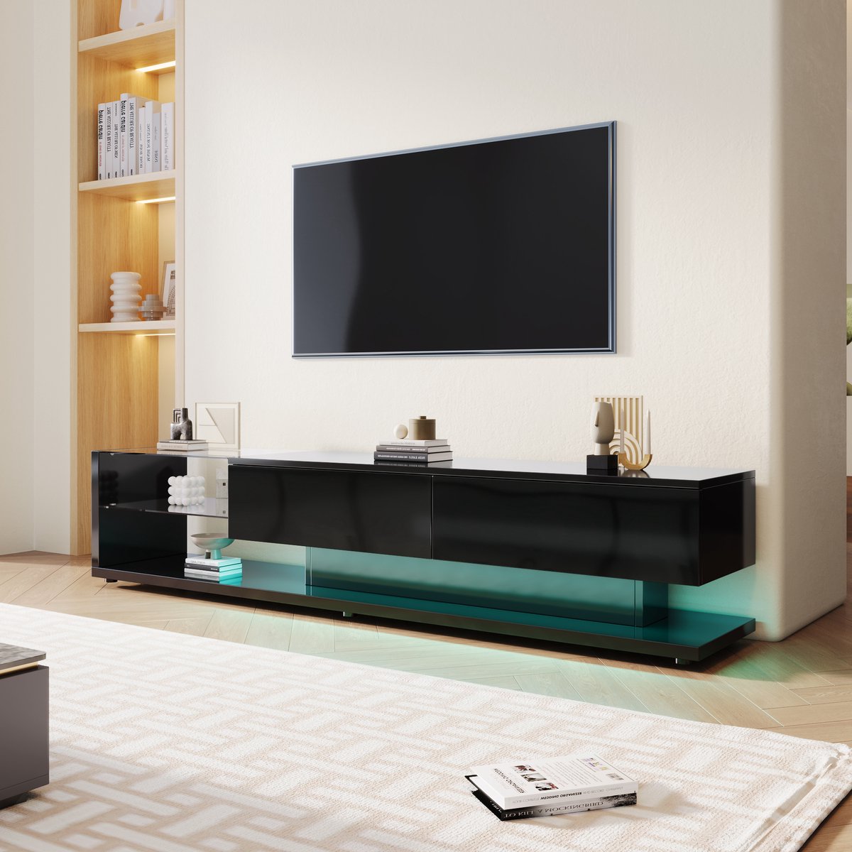 REDOM - TV-meubel - hoogglans zwart oppervlak - met lades en glasplanken - 170*38*36 cm Zw