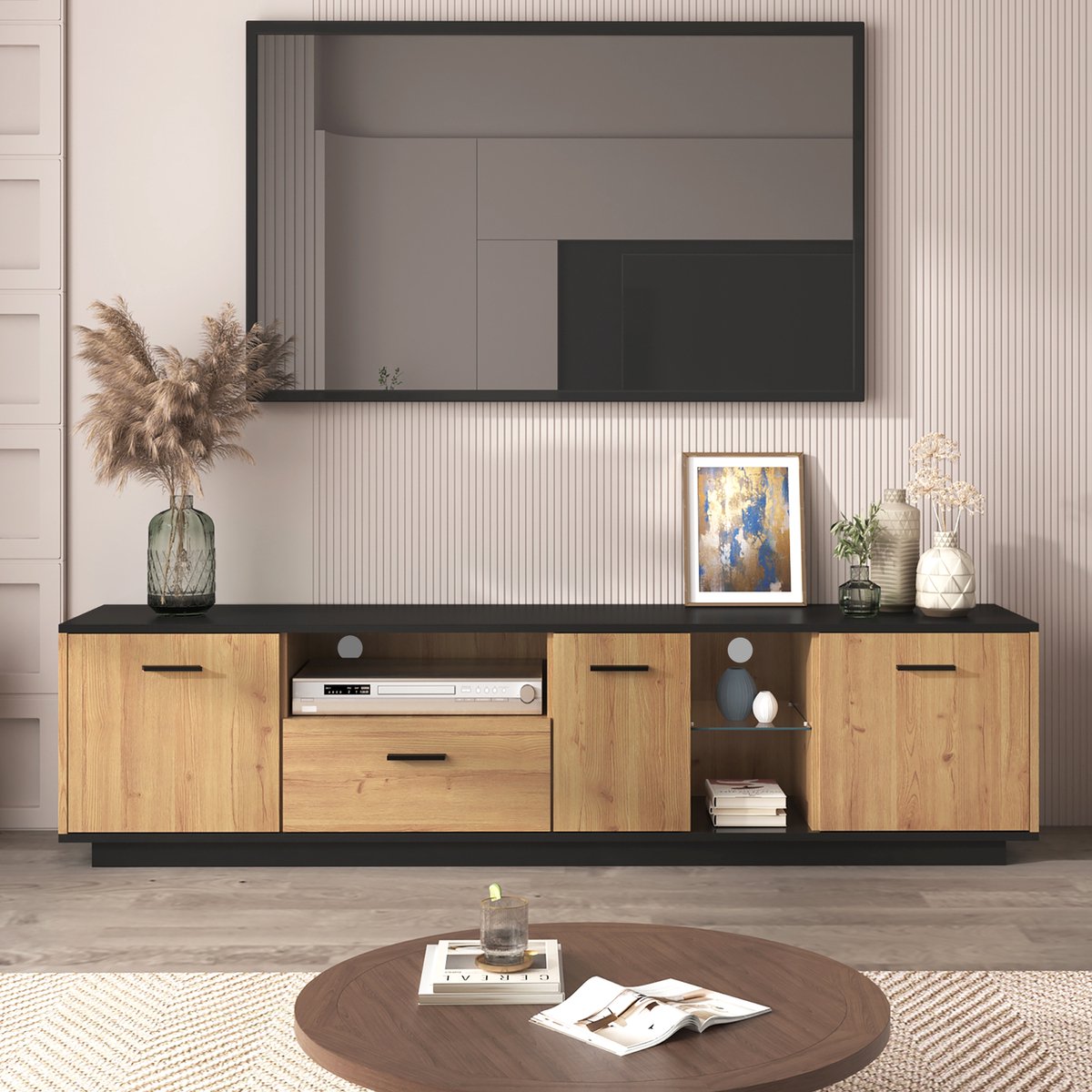 Wishdor - Tv-Meubel Met 3 Deuren En 1 Lade - Met Glazen Legplanken - 16-Kleuren Ledverlichting - Zwart - 180 X 37 X 45 Cm - Mdf
