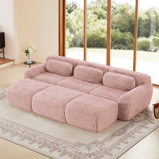 Canapé 3 Places Modulaire en Peluche Forme U – Doux Et Doux Pour La Peau – Rembourrage En Mousse 32D – Librement Combinable – Conception Modulaire – Zone Lounge Et Couchage – Comprenant Coussins De Dossier Et 3 Poufs Déplaçables – 291×179×73cm – Rose