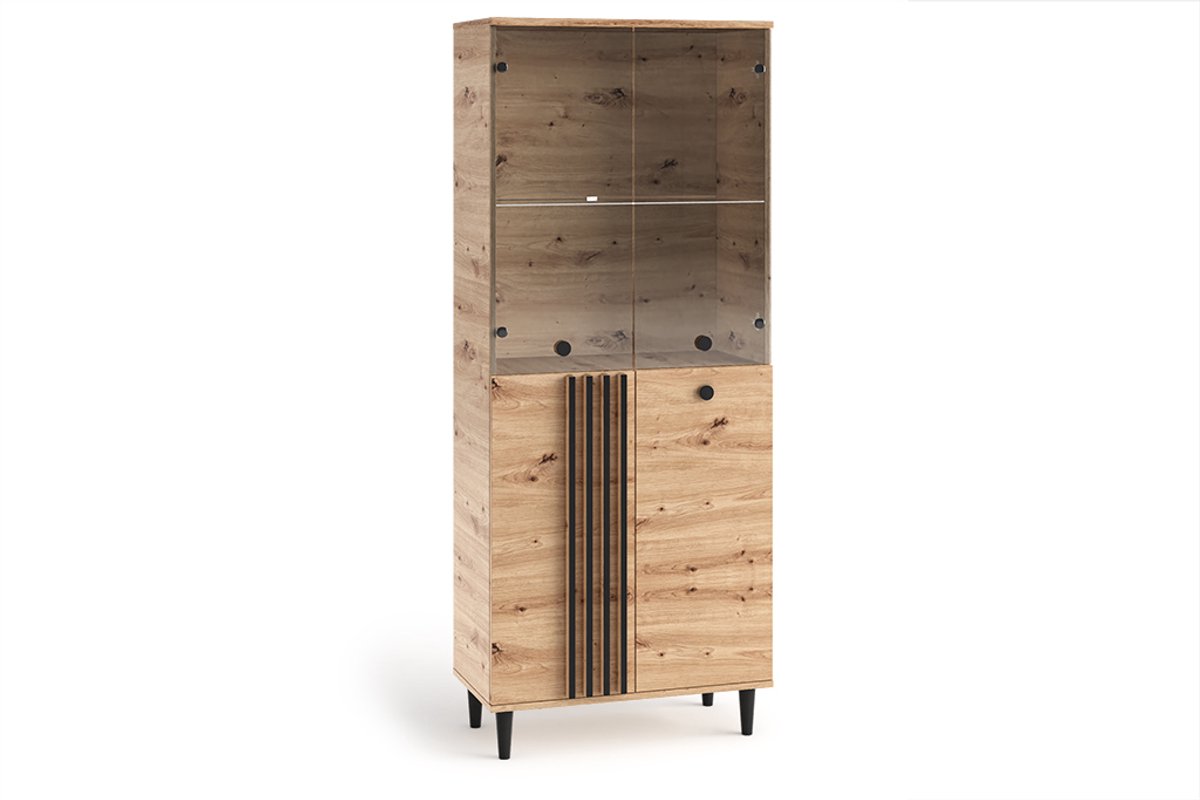 Vitrine Laura III Glas Bar Kast Kasten Rek Houten meubels Glazen deur met houten poten Staande vitrinekast Woonkamer kast
