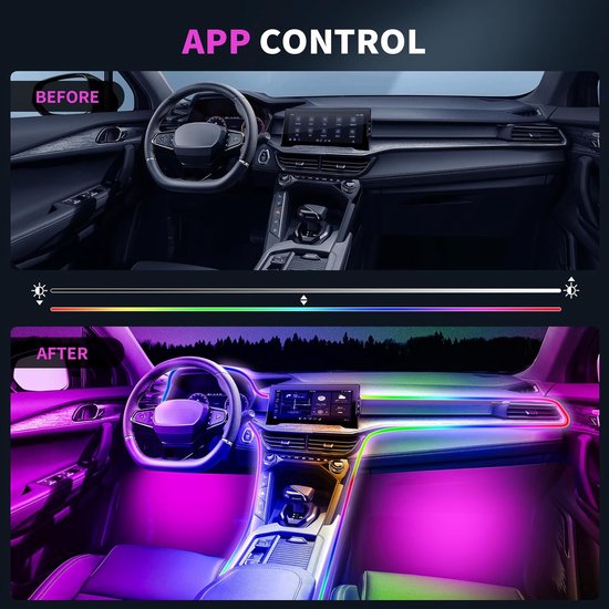 Auto-interieur 'voor' en 'na' met sfeerverlichting, kleuren paars, groen en blauw.