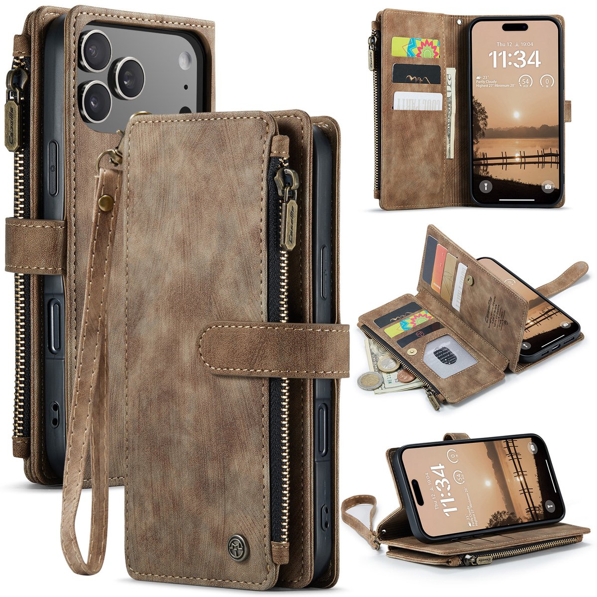 Caseme Geschikt voor iPhone 17 Pro Max PU leren hoesje - portemonnee - Bruin