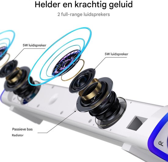 GELLDG Computerluidsprekers - USB-voeding Bluetooth pc-soundbar - Met aan/uit-knop en LED-indicator - Geschikt voor desktop- en laptop-pc's - Wit — afbeelding 3