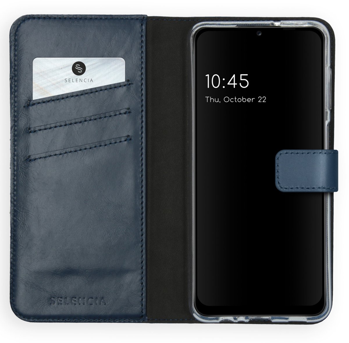 Selencia Hoesje - Geschikt voor Samsung Galaxy A12 - Echt Lederen Bookcase - Blauw