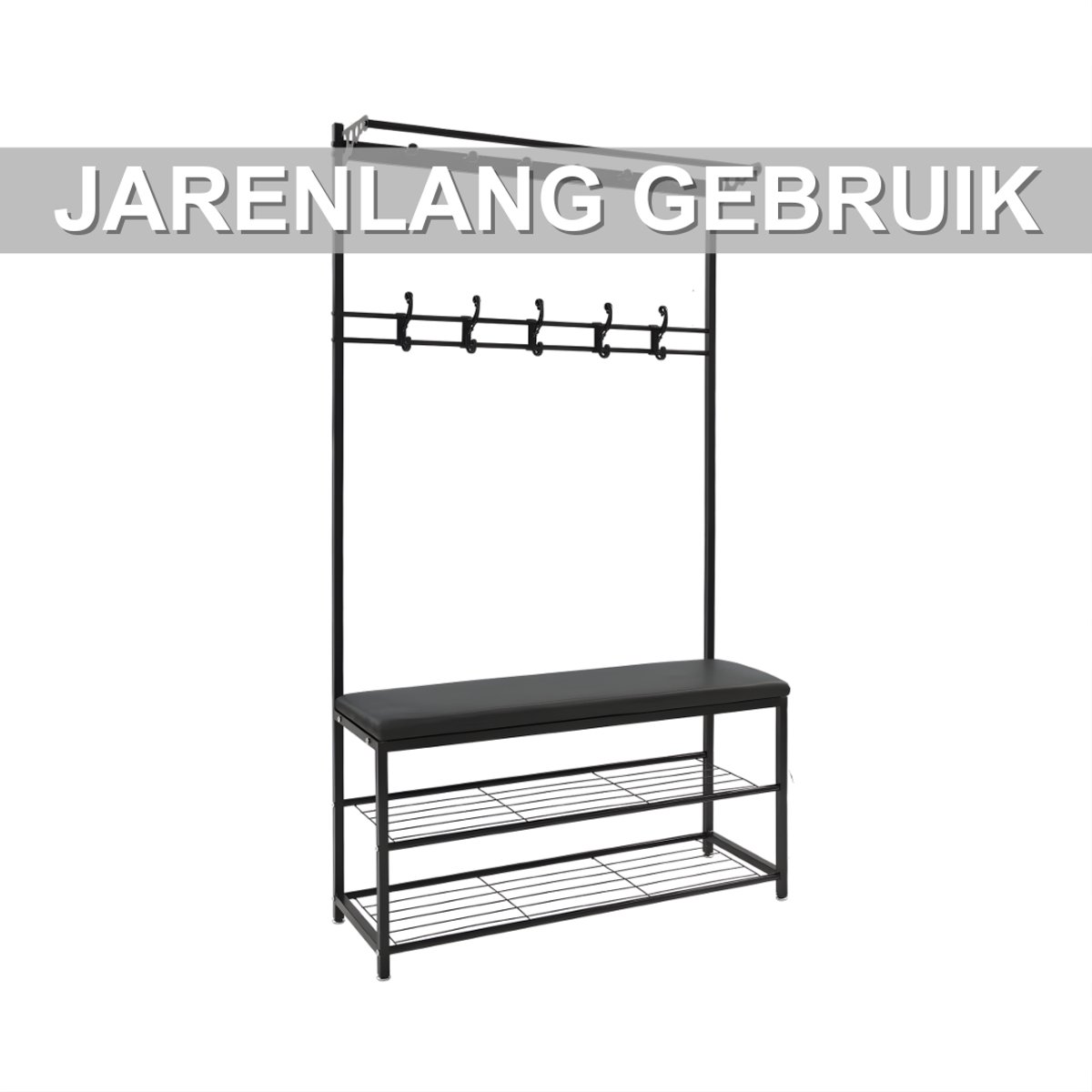 Kapstok met bank - Kledingrek - Schoenenrek - Voor kledingopslag en schoenen - Multifunctioneel - Met haken en bankje - Zwart – foto 3