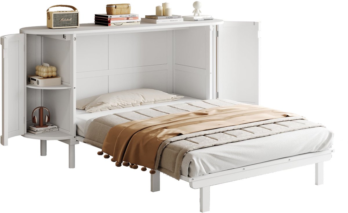Merax Wandbed 140x200 cm - Kastbed / Opklapbed - Ruimtebesparend Murphy Bed - Houten Lattenbodem Inbegrepen - Opbergvakken Links en Rechts - Rattan Look Deuren - Wit - Zonder Matras