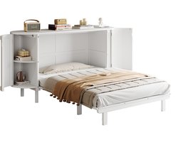 Merax Wandbed 140x200 cm - Kastbed / Opklapbed - Ruimtebesparend Murphy Bed - Houten Lattenbodem Inbegrepen - Opbergvakken Links en Rechts - Rattan Look Deuren - Wit - Zonder Matras